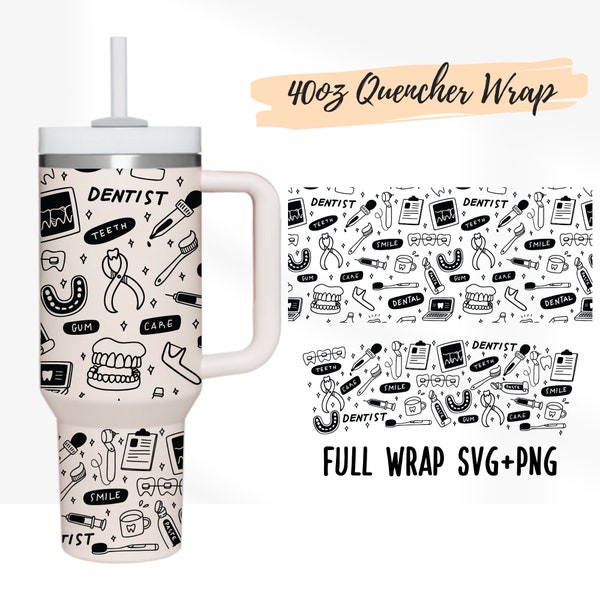 2 ontwerpen 40oz Quencher Stanley Full Wrap Tumbler Tandarts | Tandheelkundige tanden Gezondheidszorg | Mondgezondheid | Dokter SVG 40 oz Cricut sjabloon PNG