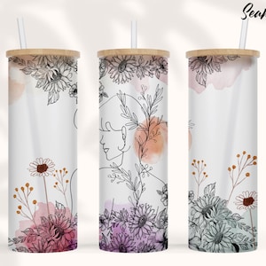 2 Files 25 oz Libbey Glass Can Sublimation Design Beautiful Woman Flower Line Art Hand drawn print gift for Mom Floral Tumbler Wrap Momlife