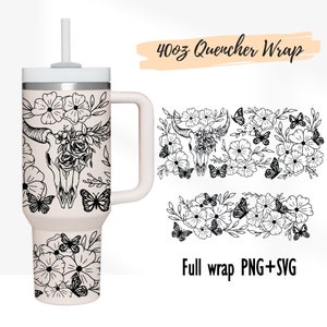 2 Designs 40oz Quencher Stanley Full Wrap Western Texas Longhorn Cow Flowers Floral Bull Skull | Texas Cattle Skull SVG | 40 oz SVG PNG