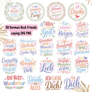 Op de afbeelding: Een verzameling van 30 Duitse Best Friends-spreuken in SVG- en PNG-formaat. De ontwerpen bevatten verschillende zinnen over liefde, vriendschap en welzijn, met decoratieve bloemen- en hartaccenten. Het kleurenpalet omvat roze, groen en blauw.