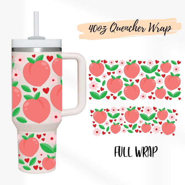 2 Designs 40oz Quencher Stanley tumbler Full wrap Peaches Hearts Seamless Peach Pattern | 40 oz SVG Cute Floral | 40oz Silhouette Template