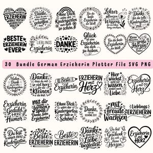 Peut inclure: Ensemble de 30 motifs allemands pour éducateurs, aux formats SVG et PNG. Les motifs présentent des phrases de remerciement et d'appréciation, telles que « Meilleur enseignant de tous les temps » et « Merci », dans divers styles.