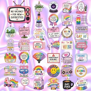 以下が含まれることがあります： ピンクのテレビ、ラバランプ、虹、ハート、そして「No Vacancy For New Gaybesties」、「Queer Juice」、「Love Who You Love」などのテキストスローガンを含む、ホログラフィックな背景に配置された様々なデザインのカラフルなステッカーのコレクション。