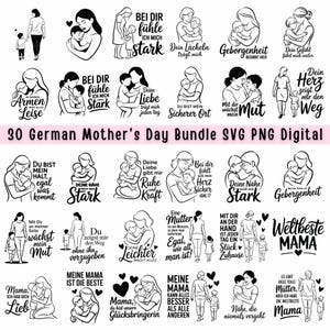 Puede incluir: Un paquete digital de 30 diseños alemanes para el Día de la Madre en formatos SVG y PNG. Las ilustraciones en blanco y negro representan a madres e hijos, con frases como "Meine Mama ist die Beste" y "Du bist mein Halt".