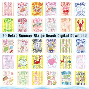 Peut inclure: Une collection de 30 téléchargements numériques rétro sur le thème de l'été. Chaque design présente un fond à rayures verticales avec diverses illustrations et textes, dont des phrases comme "Sips & Sunshine" et "Life is a Beach."