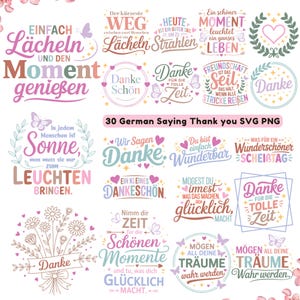 Op de afbeelding: Een verzameling van 30 Duitse SVG- en PNG-afbeeldingen met verschillende zinnen. De ontwerpen bevatten bloemen- en vlindermotieven, harten en decoratieve lettertypen. Zinnen zijn onder meer "Danke" (Dank u) en inspirerende citaten. Het kleurenpalet omvat roze, paars en teal.