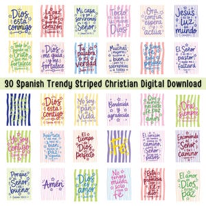 May include: A set of 30 digital downloads in Spanish, each with a Christian theme. The designs feature colourful striped backgrounds and inspirational quotes. The text is in various fonts and styles, promoting faith and spirituality.