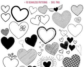 30 Hand Drawn Heart SVG Bundle | Doodle Hearts Clipart PNG, 10 Seamless Heart Patterns, Valentine Scribble Heart Cricut File