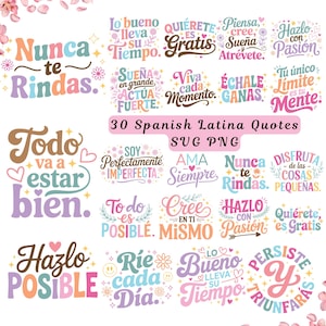 Puede incluir: Una colección de 30 citas latinas en español en varios colores y fuentes. Las frases incluyen palabras motivadoras como "Nunca te rindas" y "Cree en ti mismo". Ideal para proyectos de arte digital.
