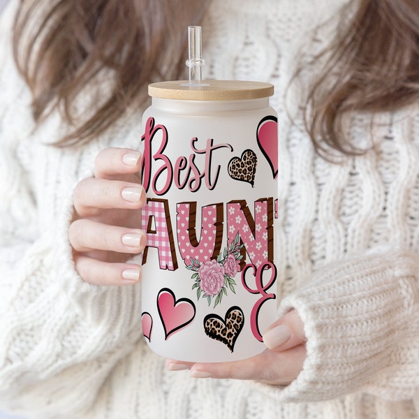 Best Aunt ever Mother's Day 16 oz Libbey Glass Can Tumbler Sublimation Auntie Floral | Western Heart Gift for Aunt | PNG digital download