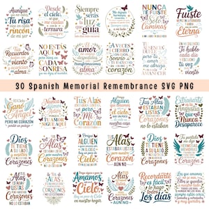 May include: A collection of 30 Spanish memorial remembrance SVG and PNG designs. Each design features phrases about love, loss, and remembrance, with decorative elements like butterflies and floral accents. The color palette includes shades of blue, green, and brown.