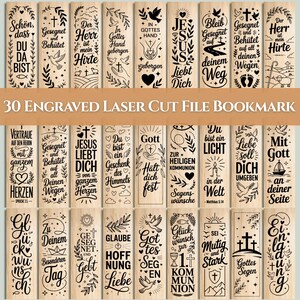 May include: A collection of 30 engraved wooden bookmarks with religious themes. Each bookmark features intricate laser-cut designs, including crosses, doves, and inspirational quotes. The bookmarks are rectangular and made of light-colored wood.