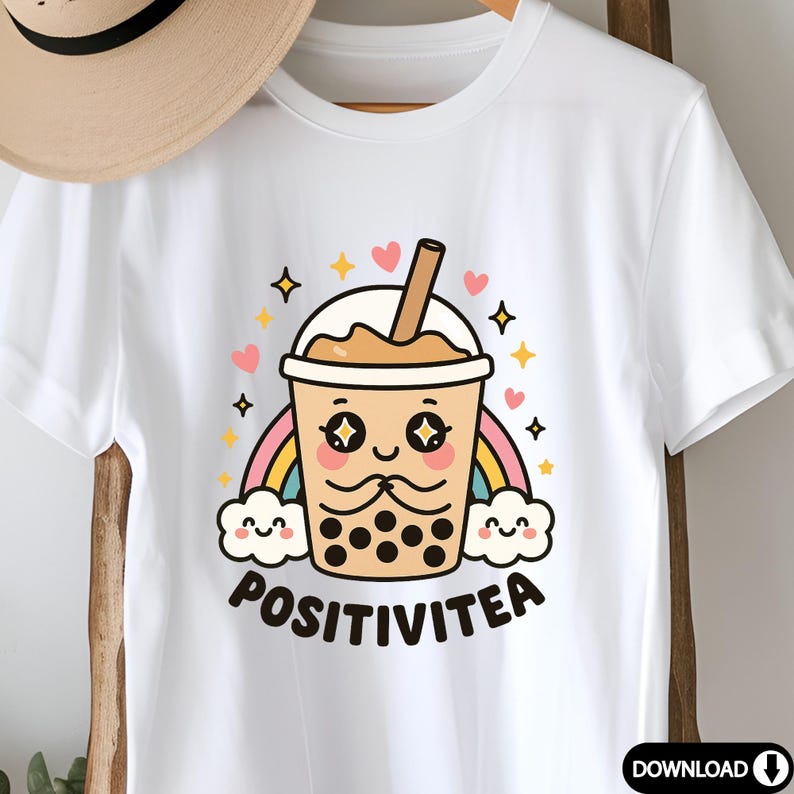 May include: White t-shirt with a cartoon illustration of a boba tea cup with a rainbow and the text "POSITIVITEA".