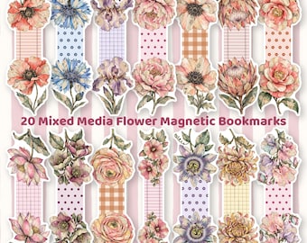 20 Mixed Media Flower Magnetic Bookmarks Printable | Vintage Book Page Floral Bookmark PNG PDF, Junk Journal Botanical Gift