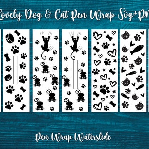 Könnte beinhalten: Ein Set mit 10 bedruckbaren Stift-Wrap-Wasserfoliendesigns mit niedlichen Hunde- und Katzenthemen. Die Designs beinhalten Pfotenabdrücke, Knochen, Herzen, Fische und Katzen. Die Designs sind in Schwarzweiß mit roten Akzenten.
