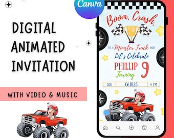 Monster Truck Birthday Invitation | Monster Truck birthday boy | Printable Party Template Canva Design for Kids PDF link to Editable Canva
