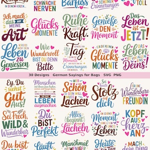 Może przedstawiać: Kolekcja 30 cyfrowych projektów graficznych zawierających różne niemieckie zwroty motywacyjne w kolorowej, dekoracyjnej typografii z ikonami takimi jak serca, gwiazdy i motyle, przedstawiona jako siatka pojedynczych ilustracji tekstowych.