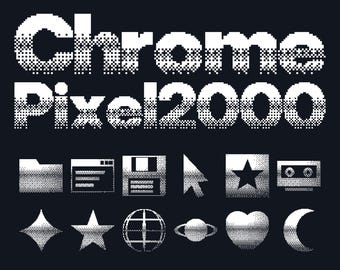 460 Chrome Pixel PNG Bundle | Y2K Alphabet Letters Numbers Symbols | 40 Retro UI Icons | White + Black (Digital Download)