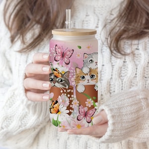 Kitty Cat Flower 16 oz Glasbecher: Tierliebhaber Geschenk (PNG Download)