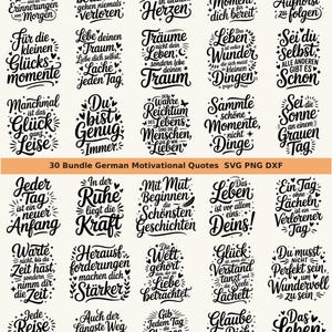 Puede incluir: Una colección digital de 30 diseños gráficos en blanco y negro con citas motivacionales en alemán en varias fuentes caligráficas, decoradas con pequeñas estrellas, corazones y elementos florales, etiquetada 30 Bundle German Motivational Quotes SVG PNG DXF.