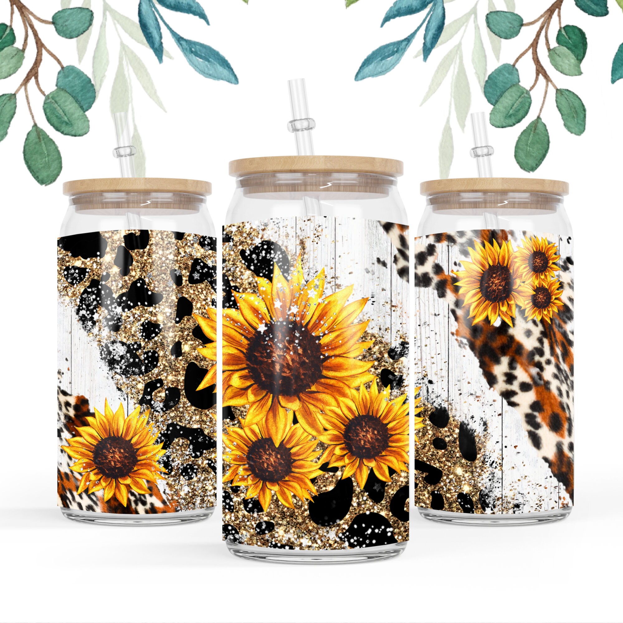 16 Oz Libbey Glass Can Tumbler Sunflower Glitter Leopard mum - Etsy