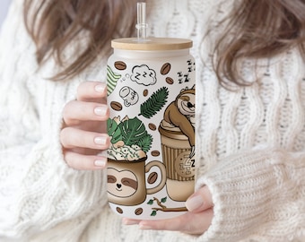 2 Files 16 oz Libbey Beer Glass Can Hand drawn Fall Coffee Cute Lazy Sloth latte iced Coffee warm cozy autumn Sloth need coffee,pen wrap PNG