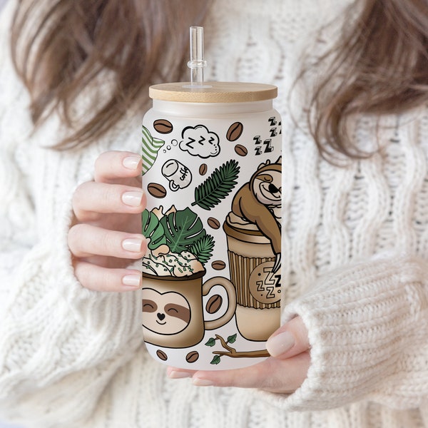 2 Files 16 oz Libbey Beer Glass Can Hand drawn Fall Coffee Cute Lazy Sloth latte iced Coffee warm cozy autumn Sloth need coffee,pen wrap PNG