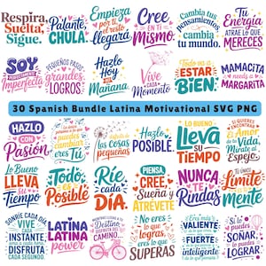 以下が含まれることがあります： 30個のスペイン語ラテン系モチベーションSVGとPNGのデザインのコレクション。デザインは、「呼吸、解放、フォロー」や「自分を信じて」などのインスピレーションを与えるフレーズを含むカラフルなテキストが特徴です。テキストはさまざまなフォントとスタイルです。
