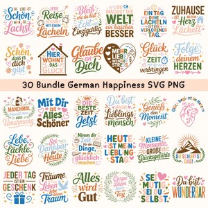 May include: A set of 30 German-language SVG and PNG designs, each with motivational quotes. The designs use various fonts and colours, with phrases such as "Glaube an Dich" and "Lebe, Lächle, Liebe" displayed prominently.