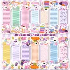 May include: A collection of 20 rectangular bookmarks featuring cartoon ghosts in various settings with pastel patterns and text such as booked and blissful, just one more chapter, and pumpkin spice and page turns, printed on a light purple striped background.