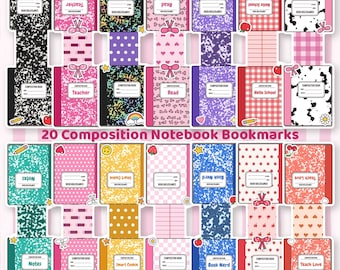20 Composition Notebook Magnetic Bookmarks Printable | Name Bookmark, Teacher Bookmark, Back to School Book Lover Gift PNG PDF