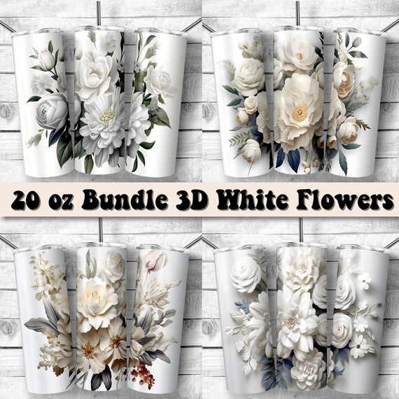 20 oz Skinny Bundle Tumbler Sublimation 3D Beautiful White Flowers | Give for Birthday Floral Digital files PNG Straight and Tapered