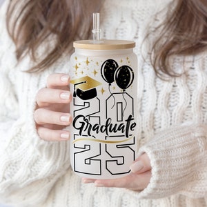 16 oz Libbey Glass Can Senior 2025 Gift idea Senior class 2025 Proud graduate,Cap Graduation Nutrition Graduated label