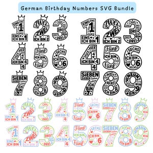 Könnte beinhalten: Eine Sammlung von SVG-Dateien mit deutschen Geburtstagszahlen von eins bis neun. Jede Zahl ist mit einer Krone versehen und enthält das deutsche Wort für die Zahl und den Satz "Ich bin". Die Zahlen sind in Schwarz und Weiß.