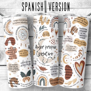 20 25 oz Skinny Tumbler Spanish Boho Daily Positive Self Love Affirmations Wrap Inspirational Tumbler png ,Positive wording Digital png