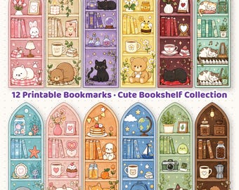 12 Cute Bookshelf Bookmarks Printable PNG | Trendy Aesthetic Cat Book Lover Gift Set (Digital Download)