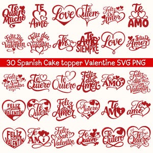 Könnte beinhalten: Eine Sammlung roter, glitzernder Tortenaufsätze mit verschiedenen spanischen Phrasen zum Thema Liebe und Valentinstag. Die Phrasen sind in Schreibschrift und Herzform gehalten. Der Text "30 Spanish Cake topper Valentine SVG PNG" ist ebenfalls vorhanden.
