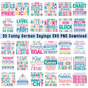 Op de afbeelding: Een verzameling van 30 grappige Duitse gezegden in verschillende lettertypen en kleuren. Zinnen als "Geduld" en "Freie" worden weergegeven op een witte achtergrond. De afbeelding is een digitale download.