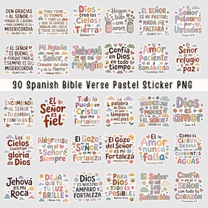 Puede incluir: Colección de 30 pegatinas de colores pastel con versículos bíblicos en español. Cada pegatina presenta un diseño único con detalles florales y texto inspirador. Las pegatinas están en formato PNG.