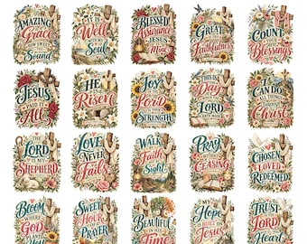 20 Vintage Faith PNG Bundle | Christian Hymn Quotes Sublimation, Floral Cross Bible Verse Shirt Design, Jesus Clipart