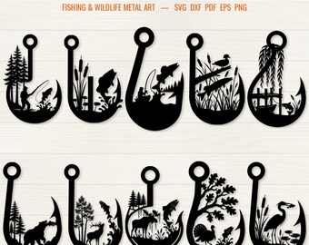 10 Fish Hook Scene SVG DXF Bundle | Fishing Hunting Metal Wall Art, Bass Trout Bear Elk Plasma Cut File, Cabin Decor Laser png