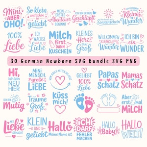 May include: A collection of 30 German newborn SVG designs in pink and blue, featuring phrases like "Mini OHO!" and "Hallo Baby!" Ideal for baby-themed crafts and projects. The text is in a variety of fonts and styles.