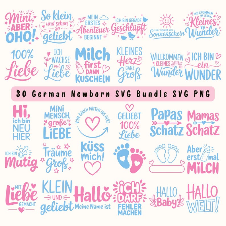 May include: A collection of 30 German newborn SVG designs in pink and blue, featuring phrases like "Mini OHO!" and "Hallo Baby!" Ideal for baby-themed crafts and projects. The text is in a variety of fonts and styles.