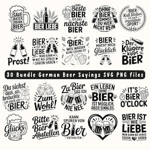 Op de afbeelding: Een verzameling zwart-witte SVG- en PNG-bestanden met bierthema. De ontwerpen bevatten biermokken, flessen en zinnen als "Save Water Drink Beer" en "It's Beer O'Clock". De tekst "30 Bundle German Beer Sayings" is ook aanwezig.