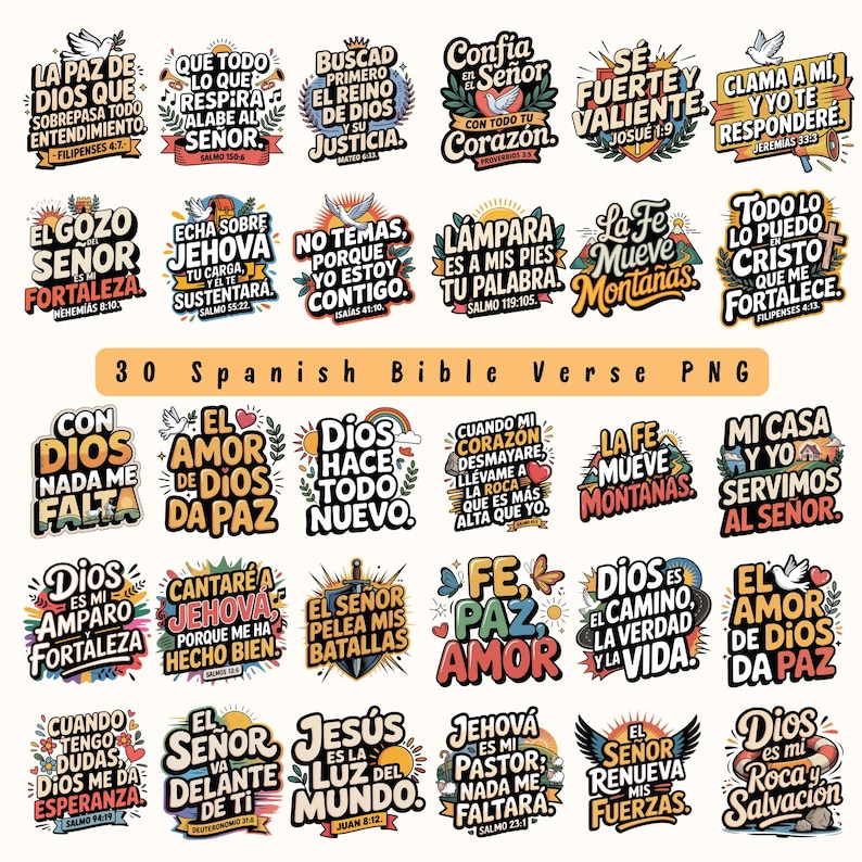 May include: A collection of 30 Spanish Bible verse PNG graphics. Each graphic features a different verse with decorative elements like doves, hearts, and suns. The text is in various fonts and colors.