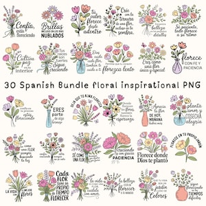 Puede incluir: Un conjunto de 30 ilustraciones florales con citas inspiradoras en español. Cada diseño presenta un ramo de flores de varios colores, acompañado de frases como "Confía, estás floreciendo" y "Cultiva paz en tu interior."