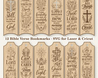 12 Christian Bookmarks SVG PNG | Bible Verse Cut File for Cricut | Black Line Art Printable Bookmark Digital Download