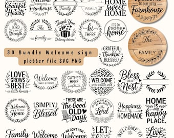 May include: A selection of welcome sign designs in black and white, with diverse fonts and decorative elements such as wreaths and floral accents. The signs include phrases like "Welcome to our little Farmhouse" and "Home Sweet Home."