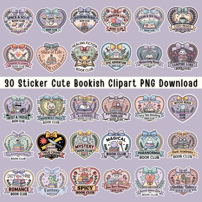 May include: A collection of 30 heart-shaped stickers with book-themed designs. Each sticker features a title like "Space & Sci-Fi" or "Fantasy" and the words "Book Club." The stickers are in various colors with bows and illustrations.