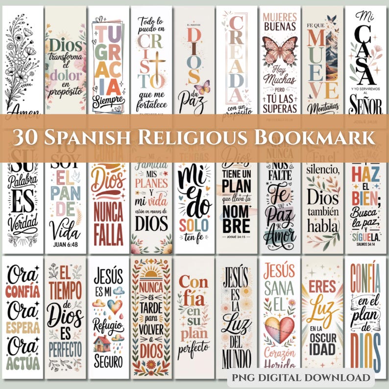 Puede incluir: Un conjunto de 30 marcap&aacute;ginas religiosos espa&ntilde;oles con varias citas inspiradoras y dise&ntilde;os florales. Los marcap&aacute;ginas presentan frases como "Dios Nunca Falla" y "Conf&iacute;a en el plan de Dios". El texto "30 Spanish Religious Bookmark" tambi&eacute;n es visible.